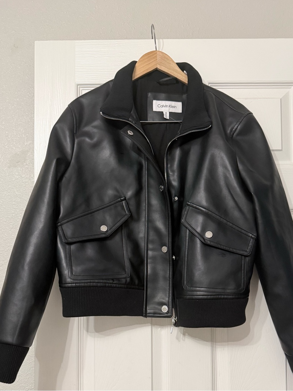 Calvin Klein Black Leather Bomber Jacket with Flap Pockets